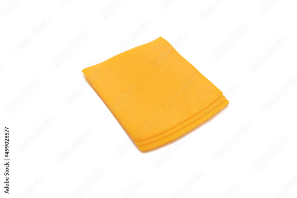 Three slice of cheddar cheese, isolated on white background. Very used for hamburgers. Three slice of cheddar cheese, isolated on white background. Very used for hamburgers.