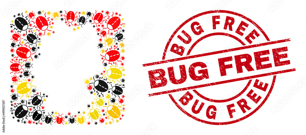 Germany state map mosaic in Germany flag official colors - red, yellow, black, and dirty Bug Free red circle stamp print. Bug Free badge uses vector lines and arcs. Germany state map mosaic in Germany flag official colors - red, yellow, black, and dirty Bug Free red circle stamp print. Bug Free badge uses vector lines and arcs.
