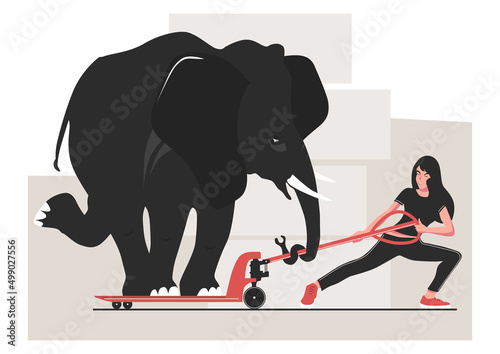 Overloading. Warehouse safety tip with a woman trying to pull a pallet jack with an elephant. Vector.