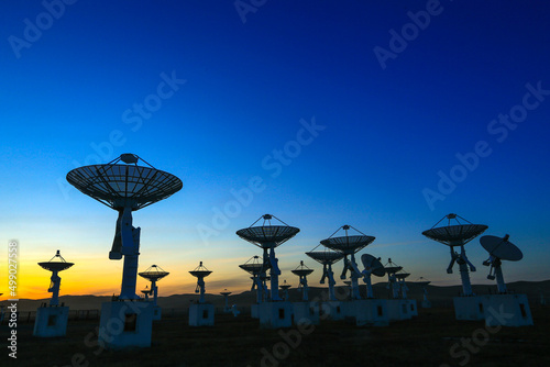 Observatory equipment, silhouette at sunrise