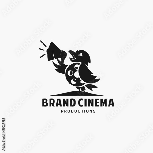 Movie maker logo design with combined cute bird and film equipment illustration