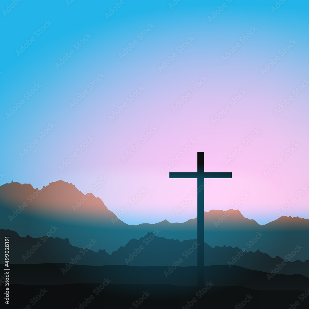 Christian cross on hill outdoors at sunrise. Resurrection of Jesus. Concept vector illustration. Blue background. Christian cross on hill outdoors at sunrise. Resurrection of Jesus. Concept vector illustration. Blue background.