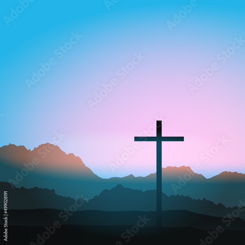 Christian cross on hill outdoors at sunrise. Resurrection of Jesus. Concept vector illustration. Blue background.