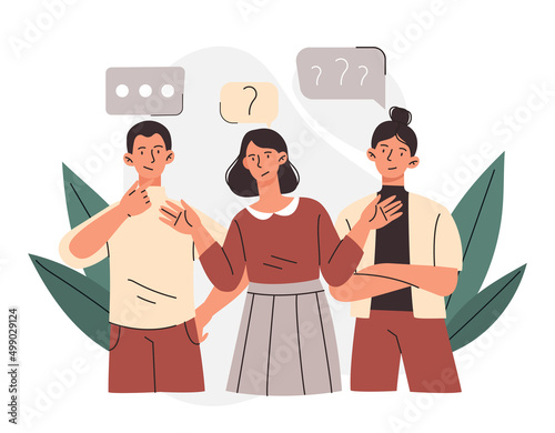 People ask questions concept. Young male and female entrepreneurs thinking and looking for answers. Confused characters communicate and solve problems. Cartoon modern flat vector illustration