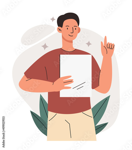 Man holding blank paper concept. Male entrepreneur with document in his hands comes up with new ideas for business and solves problems. Successful employee of company. Cartoon flat vector illustration
