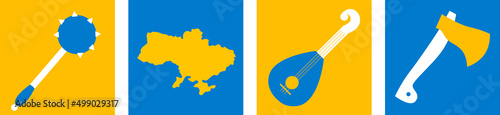 Ukrainian symbol folk instrument bandura, map, axe blue yellow color theme. vector. The concept of peace in Ukraine. Illustration for design and web. Ukraine art. The concept of peace in Ukraine