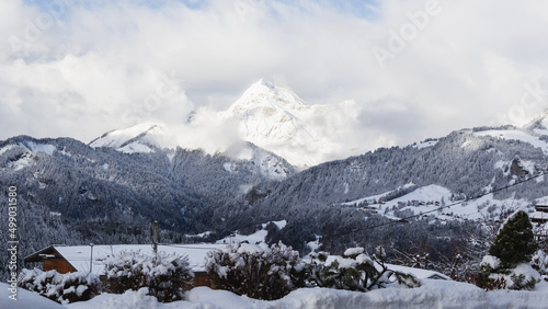 illustration d'un paysage de montagne sous la neige avec des nuages et une toiture d'un chalet 
