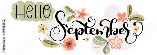 Hello September. SEPTEMBER month vector decoration with flowers, butterfly and leaves. Illustration month September Autumn	
