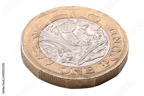 British Currency exchange, UK financial market and wealthy banking system concept with photograph of one new sterling pound coin with shine isolated on white background with clipping path cutout
