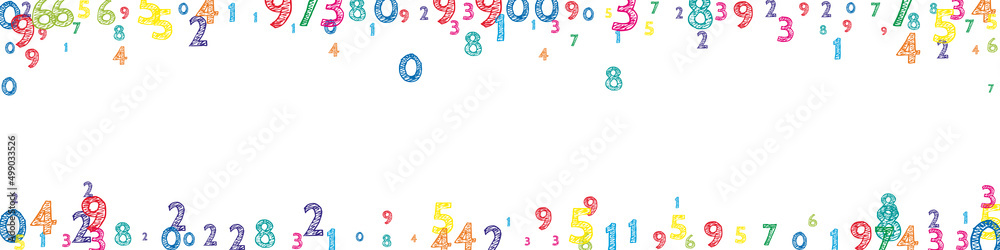 Falling colorful orderly numbers. Math study concept with flying digits. Uncommon back to school mathematics banner on white background. Falling numbers vector illustration.