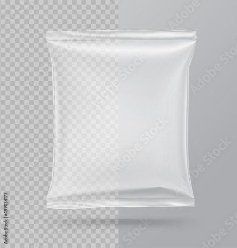 Square transparent packaging bag mockup. Vector illustration on dark background. Perfect for the presentation of products. Ready for your design. EPS10.	