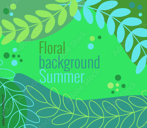 Summer floral background in simple flat style. Vector illustration template with leaves and branches, circles and drops in trendy color palette. For social networks, invitations, congratulations.