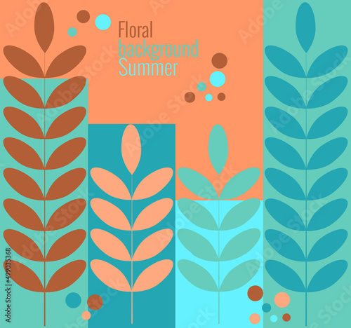 Summer floral background in simple flat style. Vector illustration template with leaves and branches, circles and drops in trendy color palette. For social networks, invitations, congratulations.