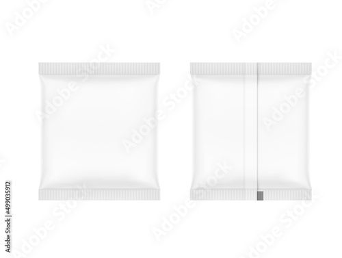 Set of hight realistic pillow packaging mockup. Front and rear view. Vector illustration isolated on white background. Can be use for your design, promo, adv and etc.	