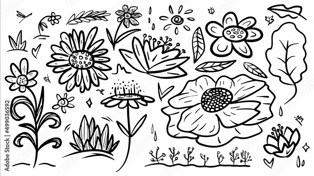 doodle hand drawn outline floral vector icon set illustration template collection for coloring book