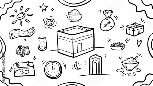 doodle outline hand drawn ramadan moslem vector illustration icon set template collection for coloring book and other