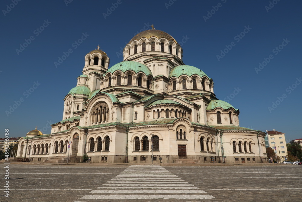 View onto the St. Alexander Nevsky Cathedral in Sofia with crosswalk in front