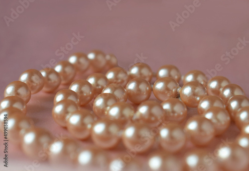 Necklace made of natural pearls on a pink background.