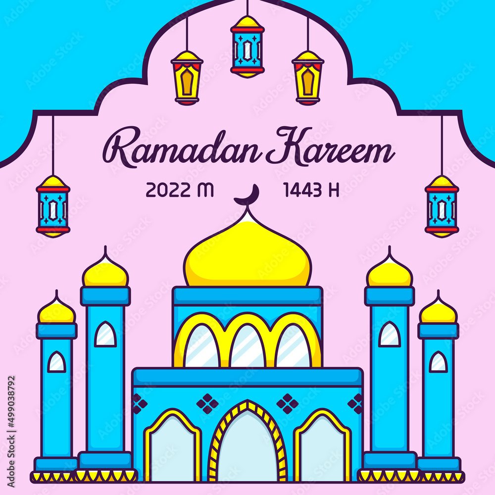 Cute Mosque Background with Lantern in Cartoon. Ramadan Vector Illustration. Flat Style Concept.