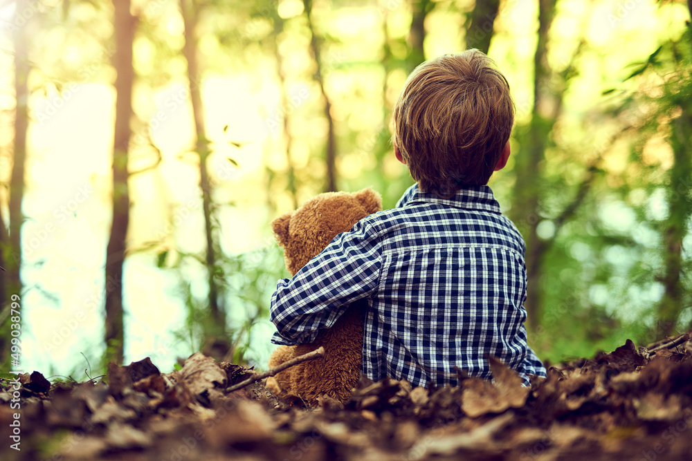 Teddy is always by my side. Shot of a little boy sitting in the forest ...