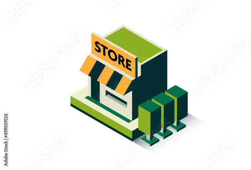 Cute Isometric Mini Store Illustration in Green Theme Color