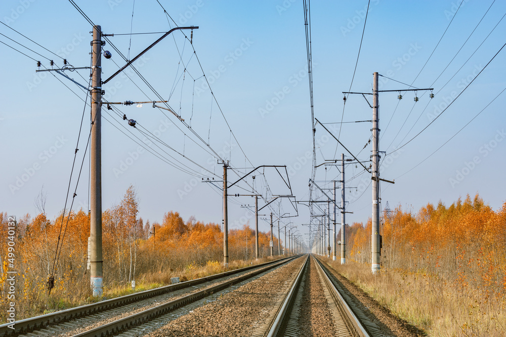 Long railway tracks at autumn day.