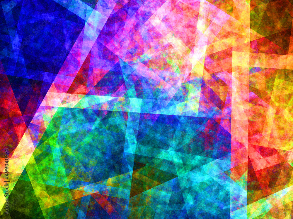 Composición de arte digital abstracto consistente en trazos rectos cruzados rellenos de colores difuminados formando un conjunto de cristales translúcidos coloridos y solapados.