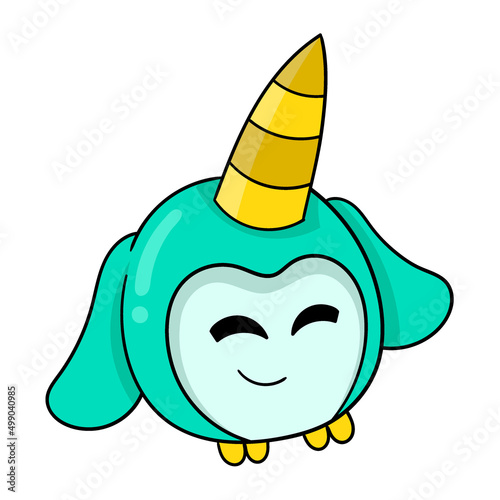 cute round creature smiling horns, doodle icon image kawaii