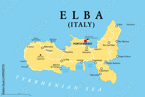 Elba, political map, Mediterranean island in Tuscany, Italy, with capital Portoferraio. Located in the Tyrrhenian Sea and largest island in the Tuscan Archipelago. Site of the first exile of Napoleon.