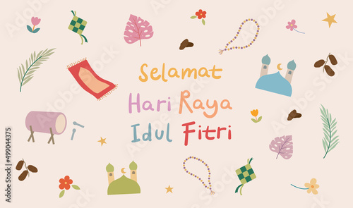 Flat ramadan eid al-fitr - hari raya aidilfitri elements pastel color cute illustration premium Vector for landing page, greeting card, envelope, social media post