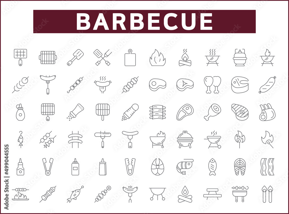 Set of barbecue and Grill icons line style. It contains such Icons as BBQ, picnic, camping, meat, steak, food, outdoor, hiking, sausages, beef and other elements.