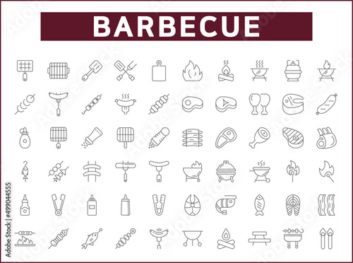 Set of barbecue and Grill icons line style. It contains such Icons as BBQ, picnic, camping, meat, steak, food, outdoor, hiking, sausages, beef and other elements.