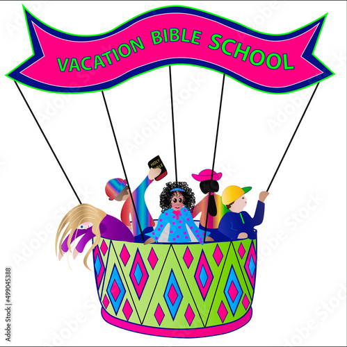 Vacation Bible School graphic illustration of a banner-type air balloon carrying kids going traveling to VBS.  Colorful and fun image.