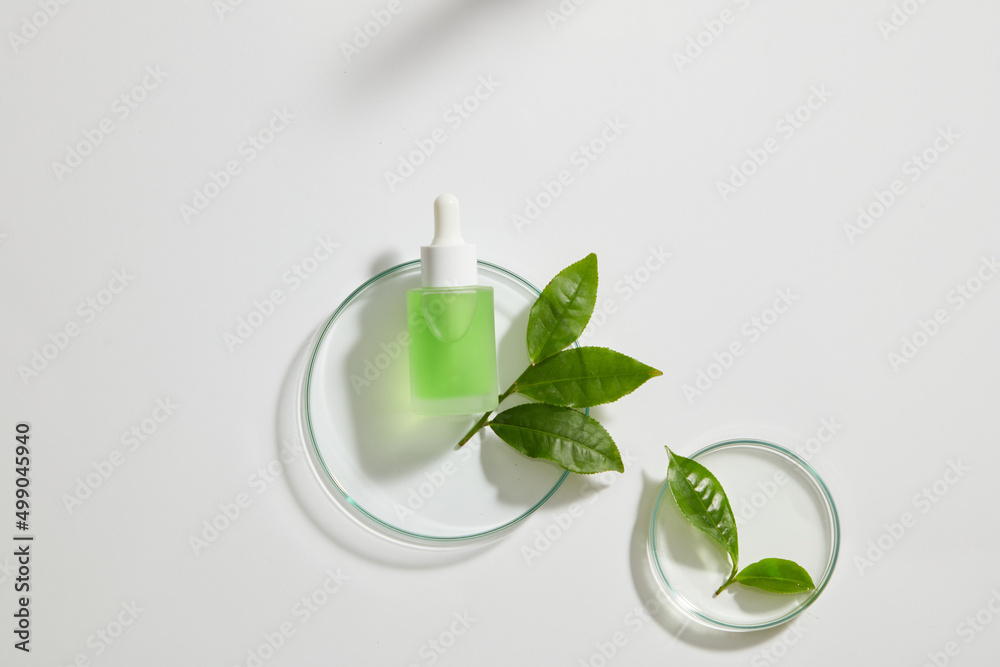 Φωτογραφία A top view of green tea decorated in petri dish with cosmetic jar for advertisin