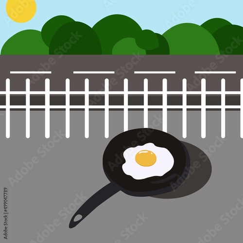 Frying egg on sidewalk illustration. Hot egg frying on road under
sun. Hot summer. Egg frying in hot weather.
