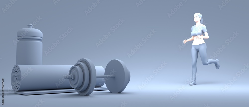 Running woman. Young woman wearing casual workout clothes. Sport fashion girl in urban casual style. Gym training and home exercising and fitness equipment. Dumbbells, yoga mat and bottle. 3D render Running woman. Young woman wearing casual workout clothes. Sport fashion girl in urban casual style. Gym training and home exercising and fitness equipment. Dumbbells, yoga mat and bottle. 3D render