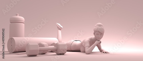 Beautiful sporty fashion girl resting after exercise. Young woman wearing workout casual style clothes. Gym training and home exercising and fitness equipment. Dumbbell, yoga mat and bottle. 3D render