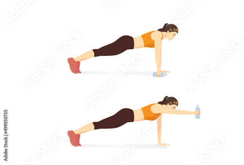 Woman use dumbbells from Plastic Water Bottle for exercise with dumbbell Plank Front Raise posture for the Abdominal and arm. Quick and easy exercise with equipment at home.