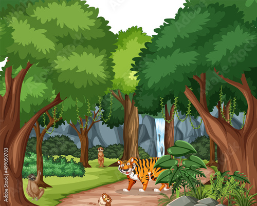 Forest scene with various wild animals