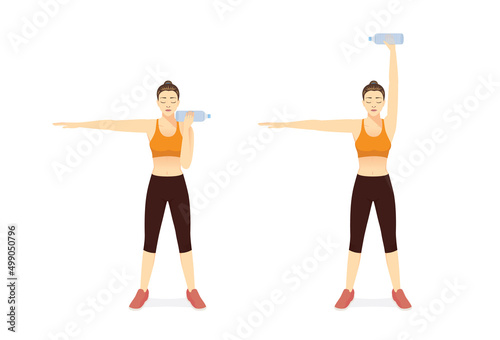 Sport Women doing Fitness in Single Arm Overhead Press posture with water bottle dumbbell in 2 steps. Quick and easy exercise target to Arms muscles with equipment at home.
