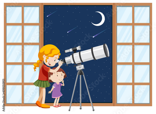 Kids observe night sky with telescope