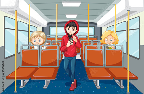 Bus interior with passengers cartoon characters
