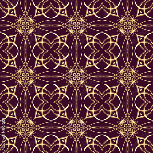 Seamless ornamental royal surface pattern in golden color with maroon background. Use for fashion design, clothing, fabrics, home decoration, bedding, wallpapers, invitations and greeting cards