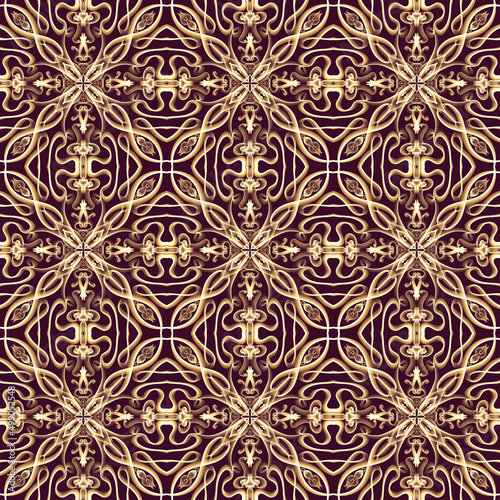Seamless ornamental royal surface pattern in golden color with maroon background. Use for fashion design, clothing, fabrics, home decoration, bedding, wallpapers, invitations and greeting cards