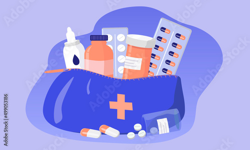 vector illustration in a flat style - a first aid kit with various medicines - pills, drops.