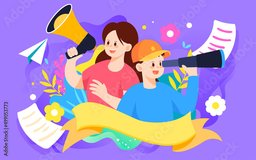 Business people with horns and binoculars are recruiting talent, vector illustration
