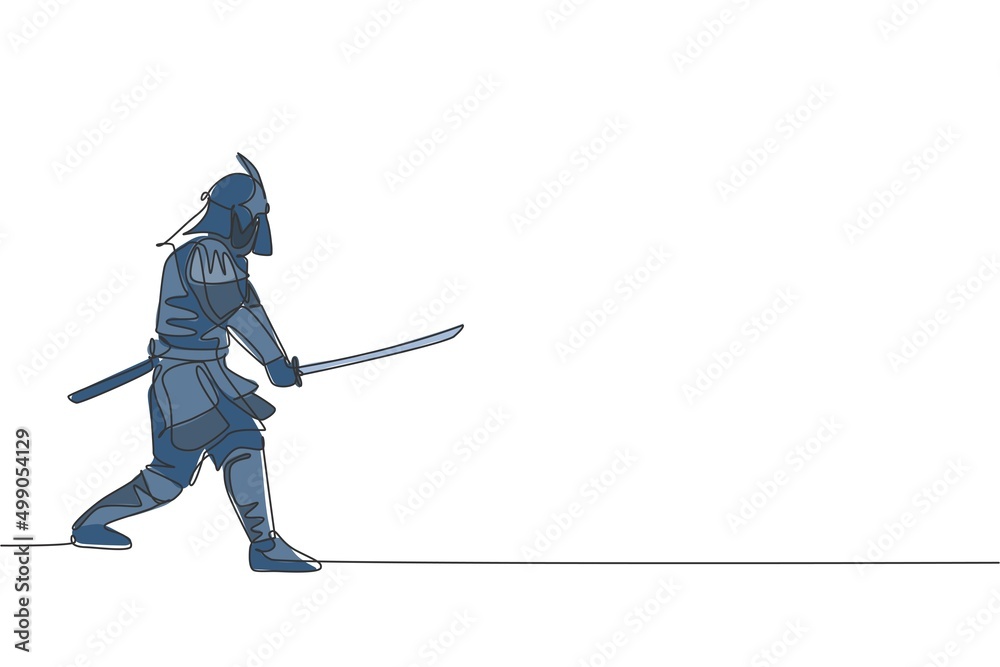 One single line drawing of young Japanese samurai warrior holding katana sword practicing at dojo center vector illustration graphic. Combative martial art concept. Modern continuous line draw design One single line drawing of young Japanese samurai warrior holding katana sword practicing at dojo center vector illustration graphic. Combative martial art concept. Modern continuous line draw design