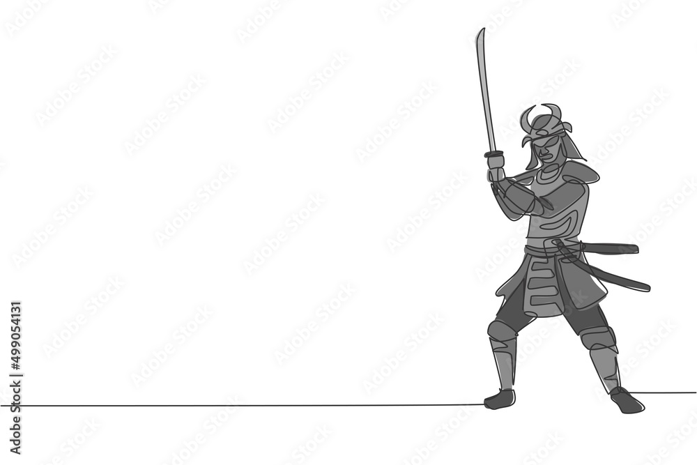 One continuous line drawing of young bravery samurai shogun wearing mask ready to attack at training session. Martial art combative sport concept. Dynamic single line draw design vector illustration One continuous line drawing of young bravery samurai shogun wearing mask ready to attack at training session. Martial art combative sport concept. Dynamic single line draw design vector illustration