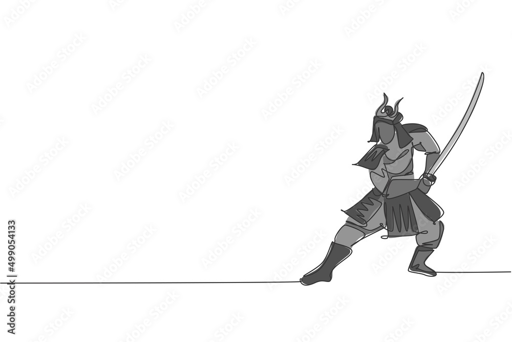 One continuous line drawing of young bravery samurai shogun wearing mask ready to attack at training session. Martial art combative sport concept. Dynamic single line draw design vector illustration One continuous line drawing of young bravery samurai shogun wearing mask ready to attack at training session. Martial art combative sport concept. Dynamic single line draw design vector illustration