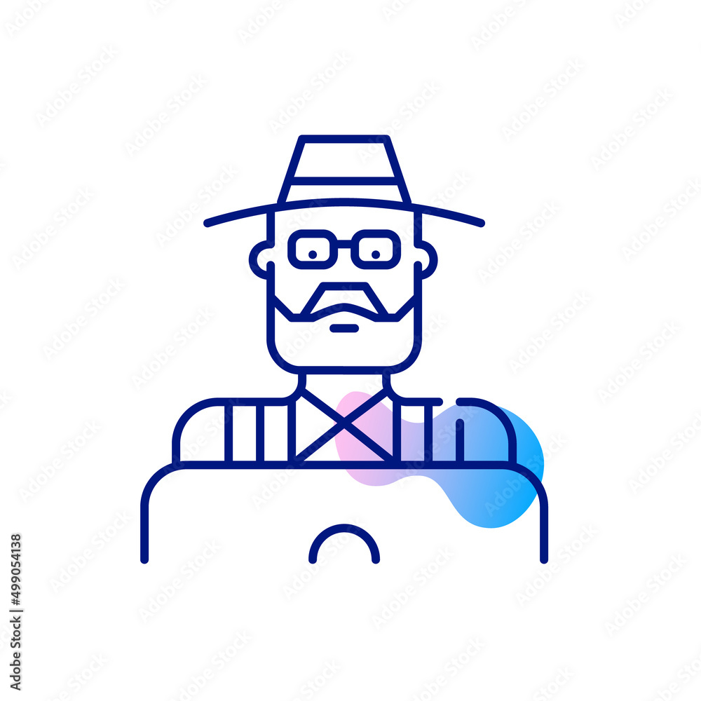 Older farmer in a hat using a laptop. Pixel perfect, editable stroke line art icon Older farmer in a hat using a laptop. Pixel perfect, editable stroke line art icon